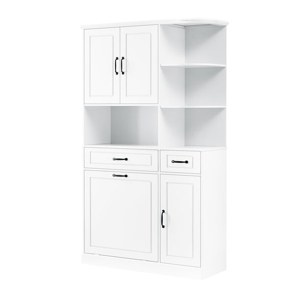 English Elm Tall Freestanding Organizer Cabinet with Tilt-Out Hamper, 2 Drawers, Adjustable Shelves, Modern White MDF Storage N725S352451K