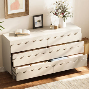 English Elm 60" Wave Front Six Drawer Dresser Sculptural Engineered Wood Media Console for Bedroom Ivory N739S0000011W