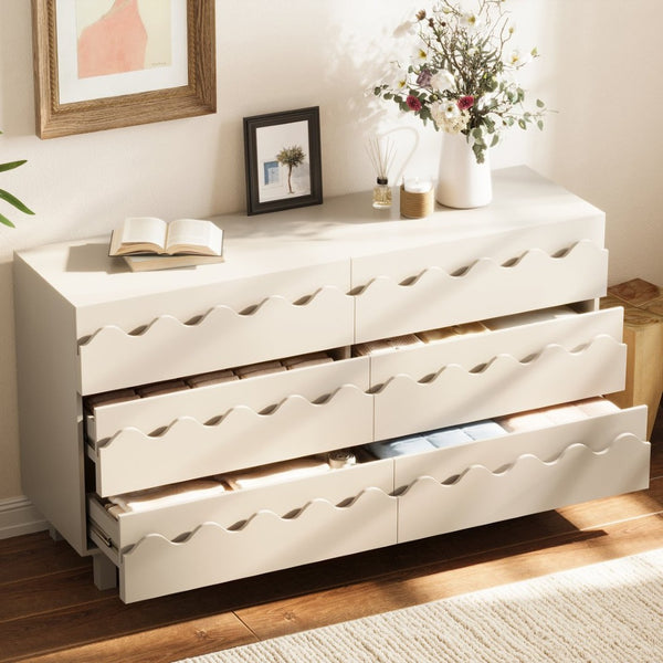 English Elm 60" Wave Front Six Drawer Dresser Sculptural Engineered Wood Media Console for Bedroom Ivory N739S0000011W