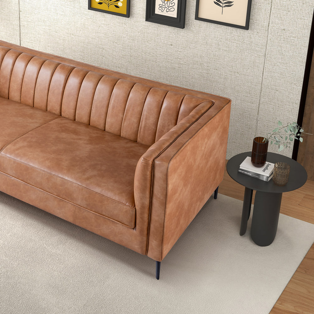 English Elm Ashcroft Furniture - Angelina Cognac Vegan PU Leather Sofa 84" — Mid-Century Modern, High-Density Comfort, Removable Legs B183P231318