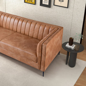 English Elm Ashcroft Furniture - Angelina Cognac Vegan PU Leather Sofa 84" — Mid-Century Modern, High-Density Comfort, Removable Legs B183P231318