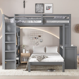 English Elm Queen Solid Wood Bunk Bed With Dismountable Twin, Desk, Shelves & Wardrobe - Modern Grey Design W1580S00215-GIGA