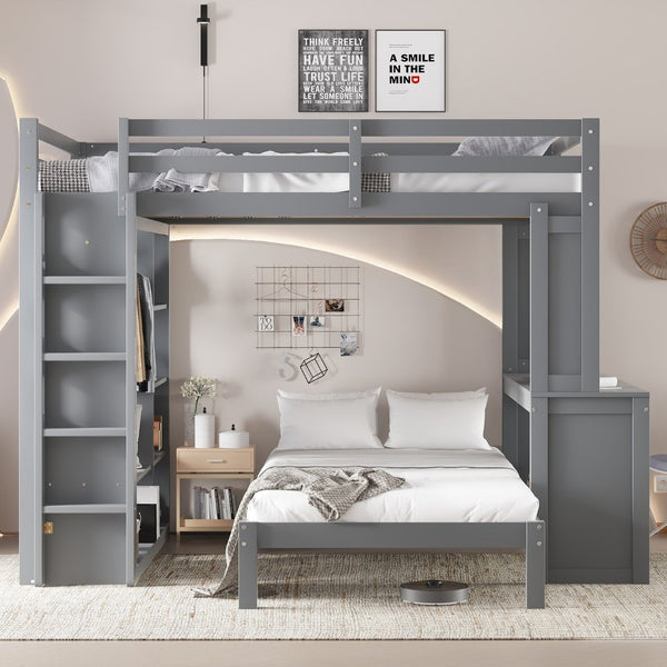 English Elm Queen Solid Wood Bunk Bed With Dismountable Twin, Desk, Shelves & Wardrobe - Modern Grey Design W1580S00215-GIGA
