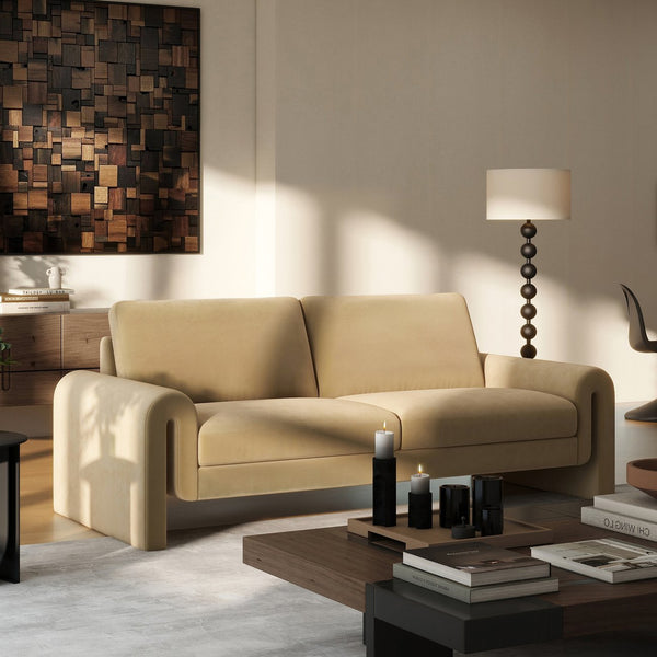 English Elm Jennifer Taylor Home - Mason 85" Arched Arm Sofa in Camel Beige Performance Velvet — 30K Double Rub, Pet-Friendly, Removable Covers B2719P238352