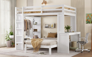 English Elm Queen Multifunctional Solid Wood Bunk Bed With Desk, Dismountable Twin Bed, Shelves & Wardrobe W1580S00214-GIGA