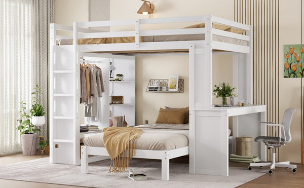 English Elm Queen Multifunctional Solid Wood Bunk Bed With Desk, Dismountable Twin Bed, Shelves & Wardrobe W1580S00214-GIGA
