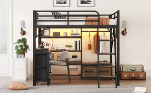 English Elm Full Size Loft Bed With Integrated Desk, Storage Shelves & Wardrobe - Perfect For Small Spaces! W2593S00032