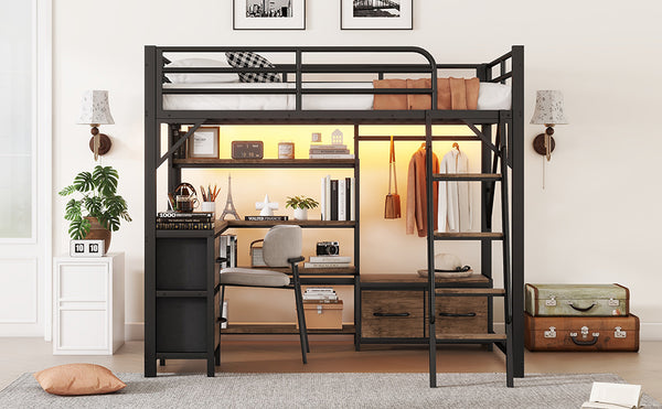 English Elm Full Size Loft Bed With Integrated Desk, Storage, And Lighting – Perfect For Space-Saving Living Solutions! W2593S00040