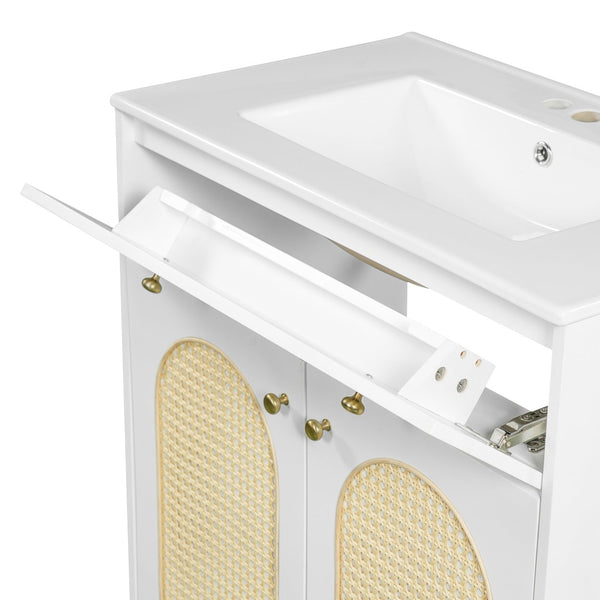 English Elm 30" Rattan Front Bathroom Vanity Solid Pine Cabinet with Ceramic Sink and Adjustable Shelf White N710P293988K