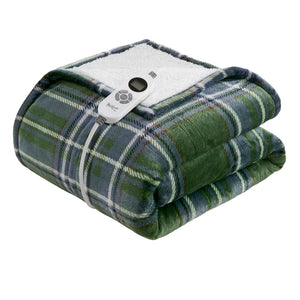 English Elm 1-piece Aztec Heated Throw with 12 Settings Auto Shutoff Soft Ivory Boho Blanket Green Plaid B035P408331