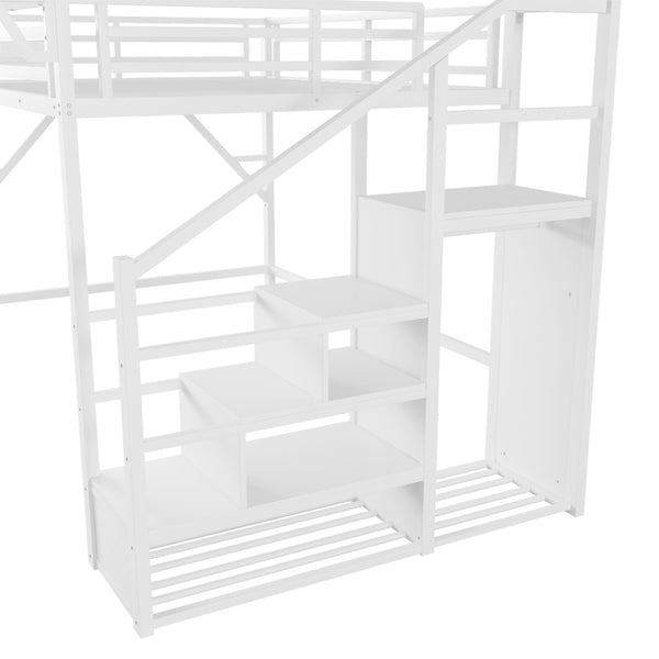 English Elm Queen Metal Loft Bed with Wardrobe Stairs and Mesh Shelves for Teen Bedroom W2580S00057