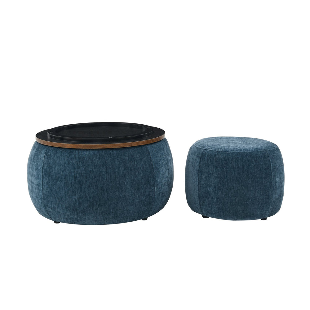 English Elm Round Storage Ottoman with Removable Top and Hidden Compartment, Eucalyptus Frame, 250lb Capacity Dark Blue W487P165698