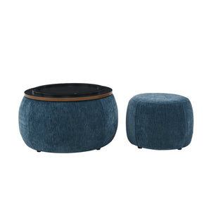 English Elm Round Storage Ottoman with Removable Top and Hidden Compartment, Eucalyptus Frame, 250lb Capacity Dark Blue W487P165698
