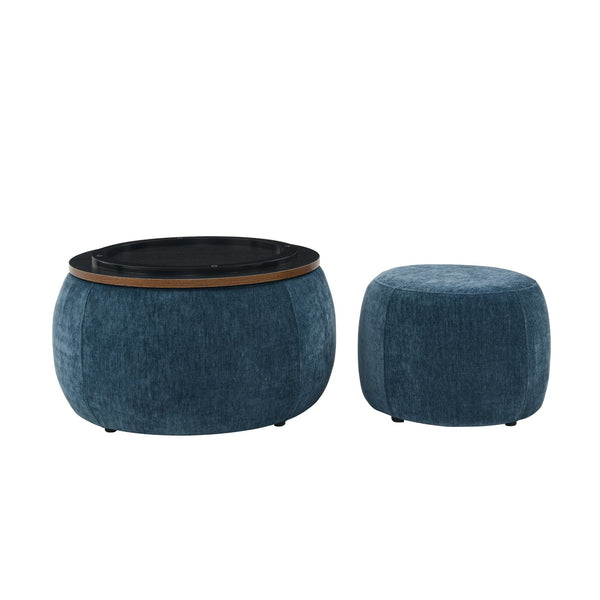 English Elm Round Storage Ottoman with Removable Top and Hidden Compartment, Eucalyptus Frame, 250lb Capacity Dark Blue W487P165698