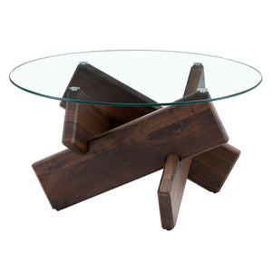 English Elm Round glass coffee table with tempered clear top, walnut MDF legs, adjustable anti-slip feet, modern centerpiece W1151P230572