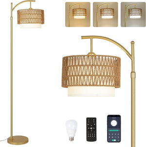 English Elm Gold Boho Floor Lamp with Remote Dimmable LED, Dual Rattan & Fabric Shades, Adjustable Arc Light Brown+Gold W2738P185403