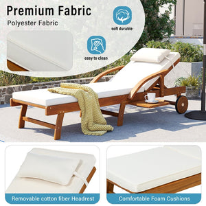 English Elm U_style Acacia Wood Outdoor Chaise Lounger with Reclining Backrest Cushions and Side Tray Beige N711P415859A