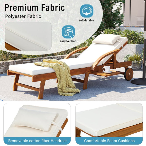 English Elm U_style Acacia Wood Outdoor Chaise Lounger with Reclining Backrest Cushions and Side Tray Beige N711P415859A