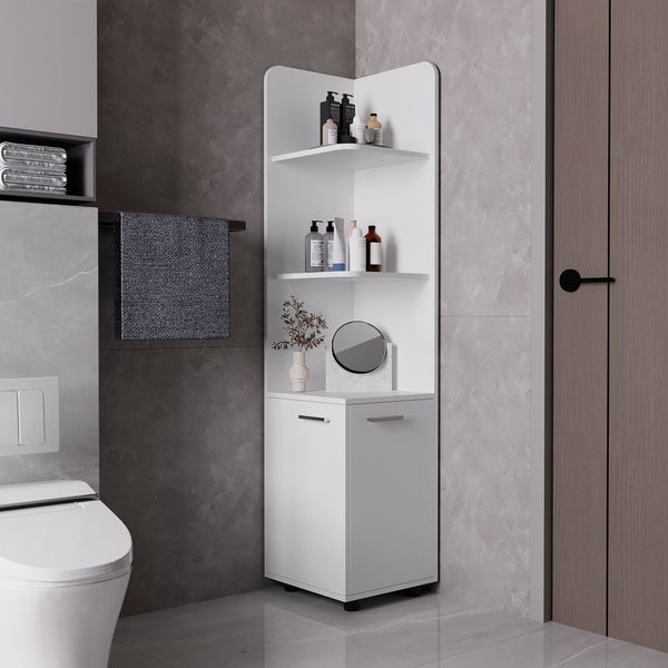 English Elm Klay Tall 2-Door 4-Shelf White Corner Storage Cabinet — Space-Saving Bathroom Organizer with Metal Handles and Ample Shelving B062103272