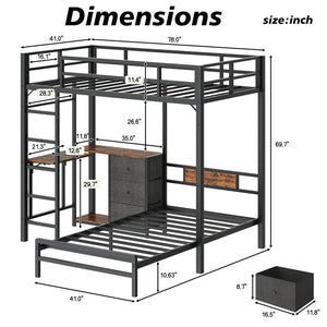 English Elm Bunk Bed Steel Frame with Rgb Lighting Charging Station Drawers and Folding Desk W1820P420816