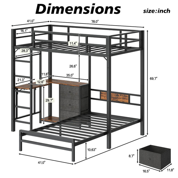 English Elm Bunk Bed Steel Frame with Rgb Lighting Charging Station Drawers and Folding Desk W1820P420816