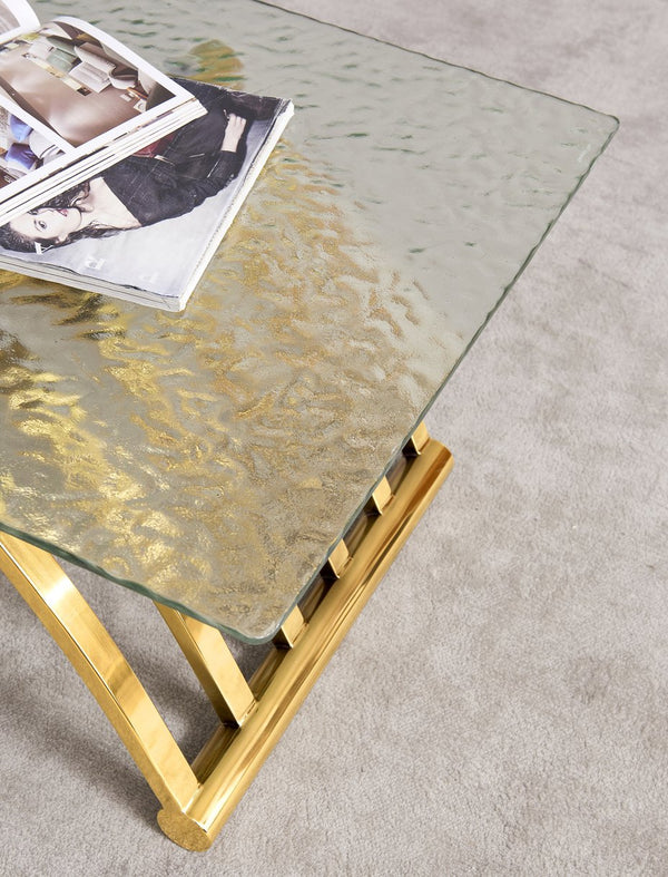 English Elm 47" Rectangle Modern Coffee Table With Ripple Glass Top, Gold Stainless Steel Frame, Easy Assembly W2978S00015
