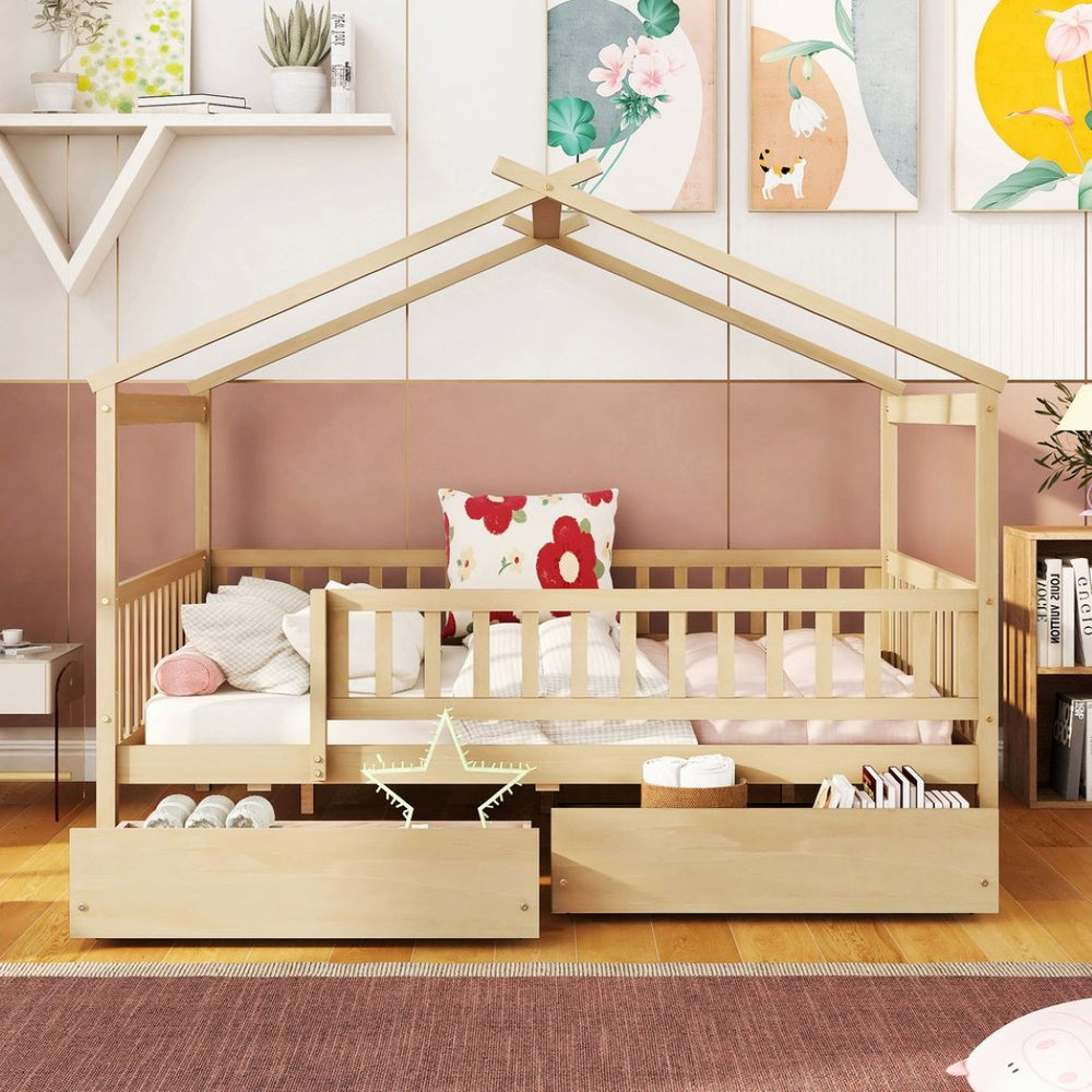 English Elm Full Size Pine House Bed Cottage Roofline Frame with Storage Drawers for Kids LP000307AAN