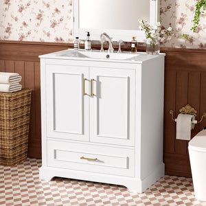 English Elm 30" Modern Bathroom Vanity with Ceramic Sink, Soft-Close Doors, Divided Drawer & Dual Door Shelves White N729P321376K