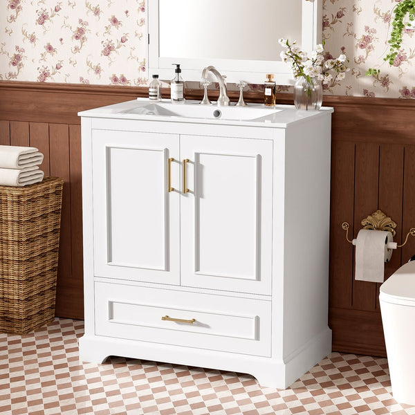 English Elm 30" Modern Bathroom Vanity with Ceramic Sink, Soft-Close Doors, Divided Drawer & Dual Door Shelves White N729P321376K