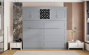 English Elm Queen Murphy Wall Bed with Storage Cabinets and Wine Rack for Small Space Living Gray LP000879AAE-1