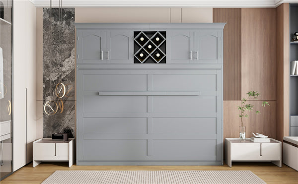English Elm Queen Murphy Wall Bed with Storage Cabinets and Wine Rack for Small Space Living Gray LP000879AAE-1