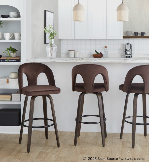 English Elm Fixed-height Swivel Barstools Walnut Bentwood and Velvet Upholstered Seats Set of 2 B202S01886