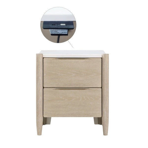 English Elm Modern Oak Veneer Nightstand with Marble Top Charging Ports and Two Smooth Drawers B011P470006