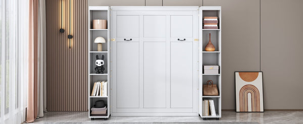 English Elm Queen Murphy Wall Bed with Hydraulic Lift and Push Pull Cabinet Storage Unit White LP000381AAK