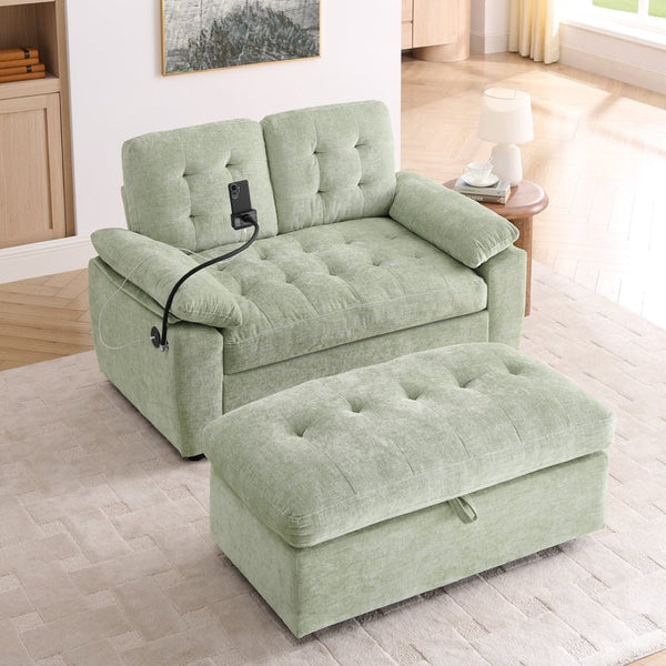 English Elm Leisure Chenille Two Seat Reclining Sofa with Usb Port Storage Ottoman Padded Armrests Cyan W487S00517