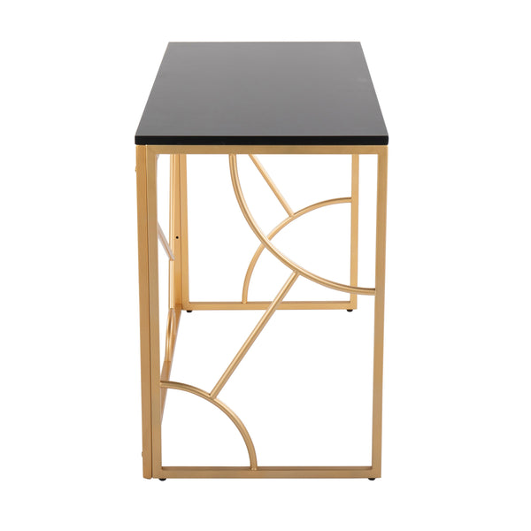 English Elm Constellation Geometric Desk with Gold Metal Frame and Wood Top — Modern Vanity or Office Statement PMID Black B202P223959