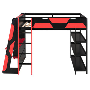 English Elm Full Size Gaming Loft Bed with Led Lighting Desk Shelves and Usb Charging Ports Black+Red N820S00076J