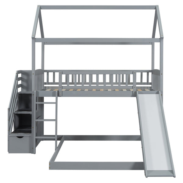 English Elm Twin Over Full Bunk Bed Playhouse Frame with Slide Staircase and Storage Drawers LT100129AAE