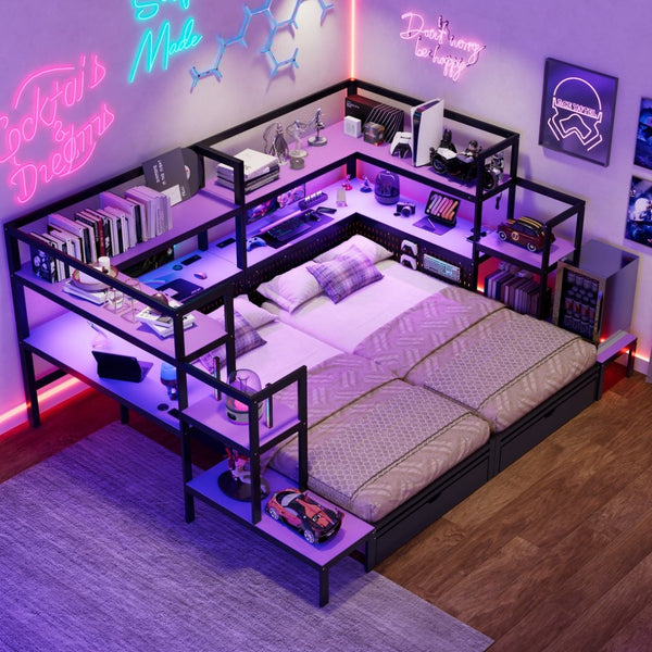 English Elm Twin Gaming Daybed with Led Strips Desk Pegboard Bookcase and Three Storage Drawers Purple+Black N820S00083I