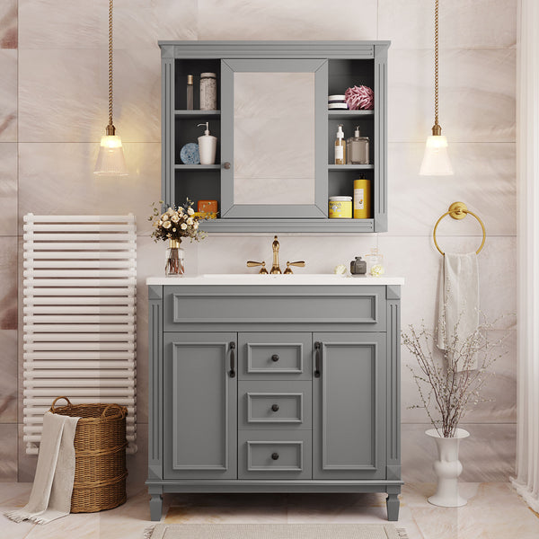 English Elm 36'' Bathroom Vanity with Sink and Mirror Cabinet, Modern MDF & Solid Wood Design, Ceramic Top, Soft-Close Doors Grey SW000115AAE-1