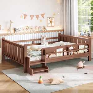 English Elm Queen Bunk Bed with Trundle Solid Pine Kids Car Themed Frame Built-in Bookshelf Natural W1580S00537
