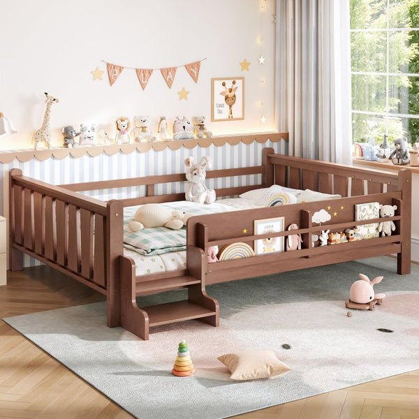 English Elm Queen Bunk Bed with Trundle Solid Pine Kids Car Themed Frame Built-in Bookshelf Natural W1580S00537