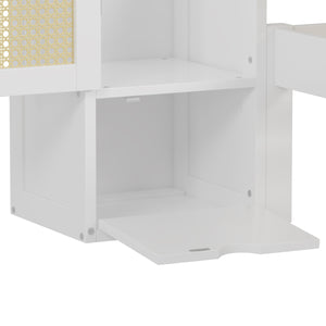 English Elm Twin Multifunctional Bed with Rattan Headboard Storage, Drawer & Shelves — Space-Saving Pine Design White 50.4 L x 19.8 W x 5.5 H N733S241280K