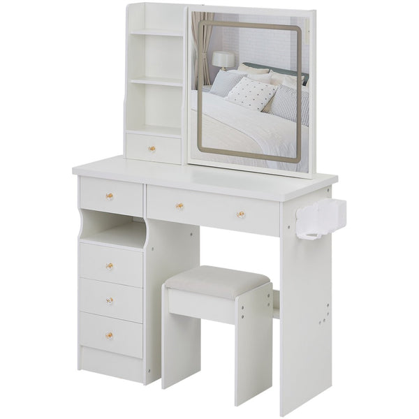 English Elm 37" Vanity Table Set with Led Mirror Stool Built-in Outlets and Hair Dryer Storage White W3258P448842