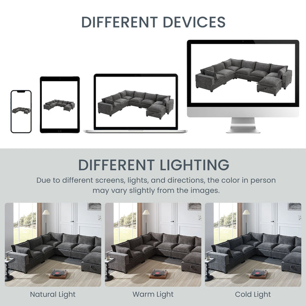 English Elm 118'' Modular Sectional Sofa with Movable Storage Ottoman, 7-Seat U-Shaped Chenille Couch for Cozy Living Gray N723S8893E