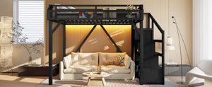 English Elm Twin Metal Loft Bed with Wardrobe Storage Stairs Led Lighting and Usb Ports W1580S00405