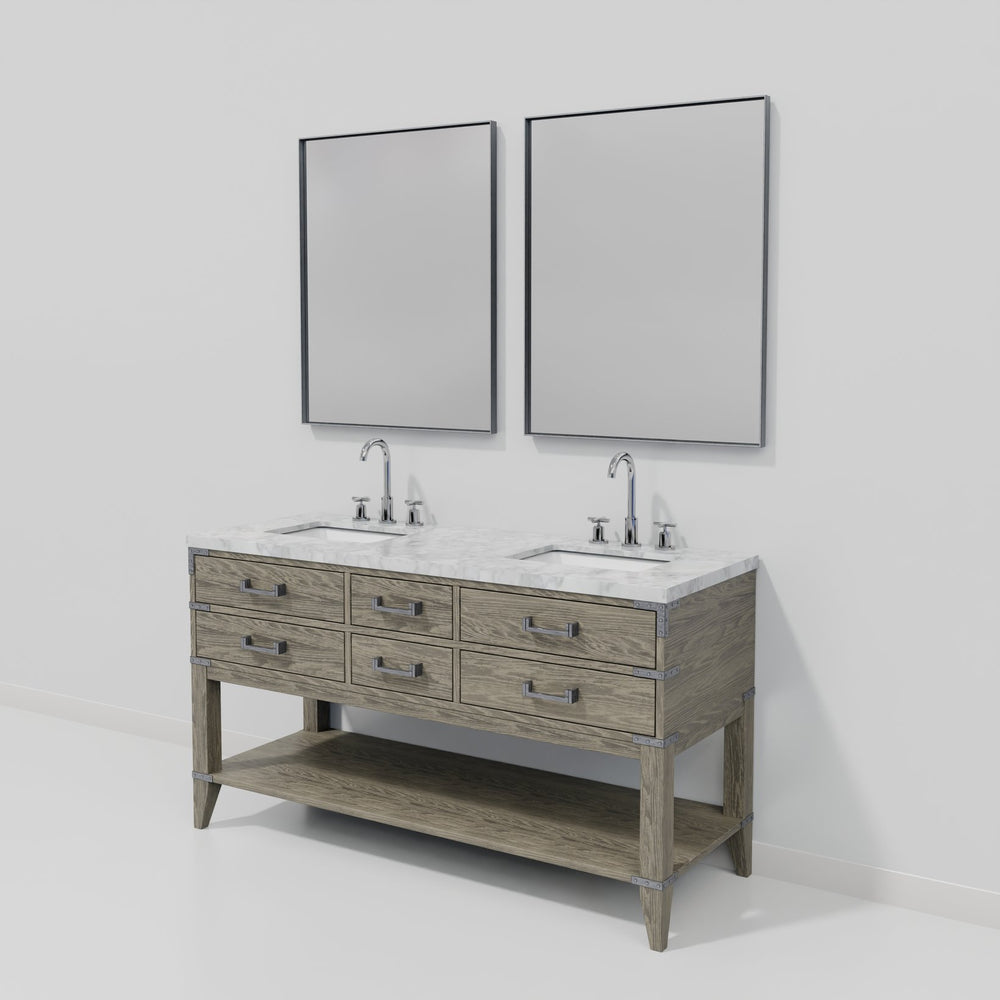 English Elm Grey Oak Double Bath Vanity With Carrara Marble Top, 28” Mirrors & Chrome Faucet Set - Stylish Storage! B2731S01893