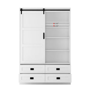 English Elm Tall Farmhouse Wardrobe Armoire with Sliding Barn Doors Drawers and Hanging Rod White W1321S00049