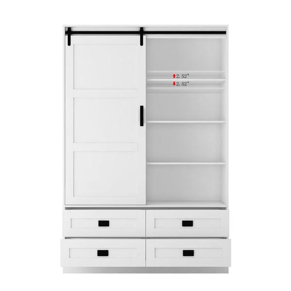 English Elm Tall Farmhouse Wardrobe Armoire with Sliding Barn Doors Drawers and Hanging Rod White W1321S00049