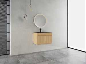 English Elm 28" Wall Mounted Bathroom Vanity with Gun-Gray Stainless Sink, Soft-Close Doors, Plywood, Oak Finish, KD W999P376889